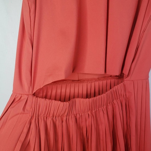 Alythea Coral Pleated Skirt Midi Dress L Sleeveless Cutout Back - Picture 6 of 10